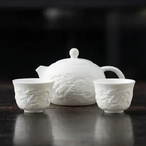 Relief-carved jadeite ceramic teapot with gongfu tea set