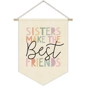 Girls Room Wall Art Decor Cute Pink Canvas Banner for Toddler Girl Nursery Bedroom Playroom Sisters Make The Best Friends Wall Hanging Pennant Flag