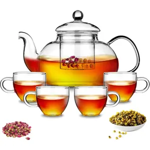 Tea Pot with 4, Removable Infuser, Blooming and Loose Leaf Tea Maker and Teacups Set, Stovetop Safe Tea Kettle