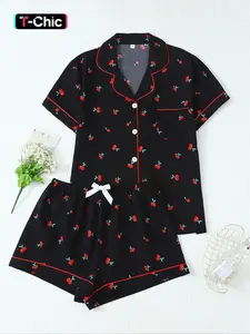 Women's All Over Cherry Print Short Sleeve Pajama Set, Cute Casual Comfy Button Front Chest Pocket Design Lapel Neck Top & Bow Decor Elastic Waist Shorts PJ Set, Ladies Fashion Sleepwear for Summer