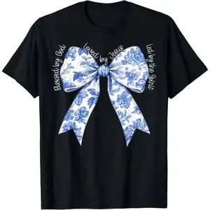 Blessed By God Loved By Jesus Blue Toile Coquette Bow Cotton T-Shirt
