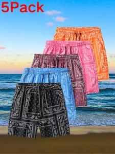 5 Pack Men's Bandana Shorts Set, Trendy Paisley Print Summer Beach Shorts, Lightweight Casual Streetwear with Drawstring