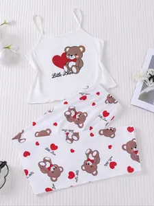 2 pieces of female teenage love bear Heart printed U-shaped collar Sleeveless suspender pants pajama set with elastic waistband suitable for all seasons, comfortable, casual and cute home wear