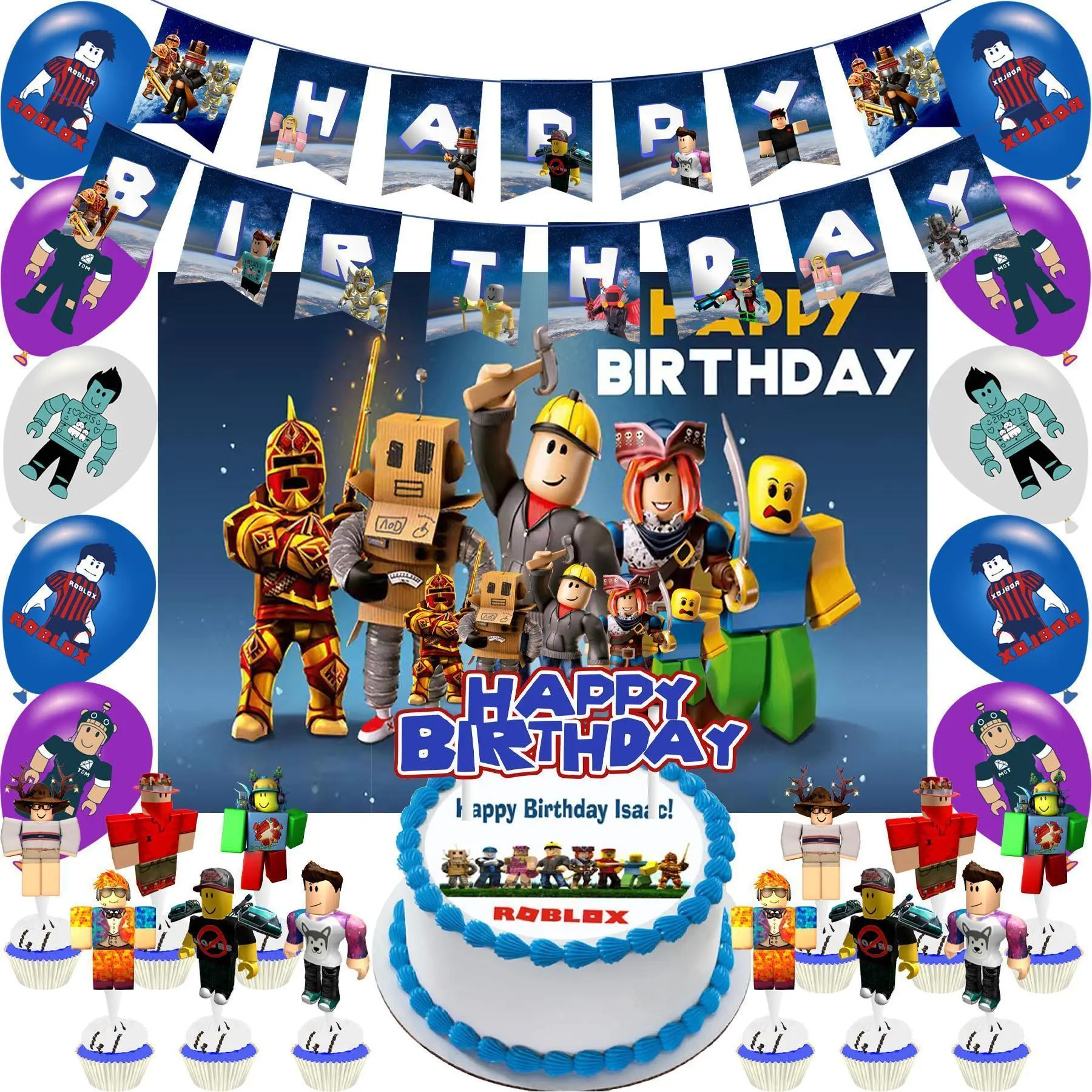 Roblox Birthday Party Decorations Kit - Pre-Assembled Large Banner, Balloon Decor, Colorful Balloons Assortment, Character Prints, Cake Toppers, Cupcake Toppers for Kids Fans