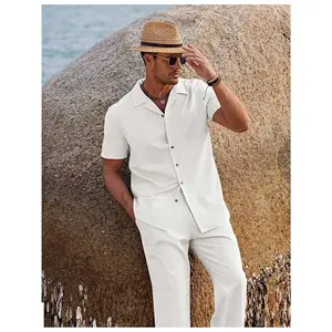 Men's 2-Piece Casual Linen-Look Shirt & Pants Set – Short Sleeve Button-Down Top with Matching Loose Trousers for Summer, Beach, Vacation & Daily Wear