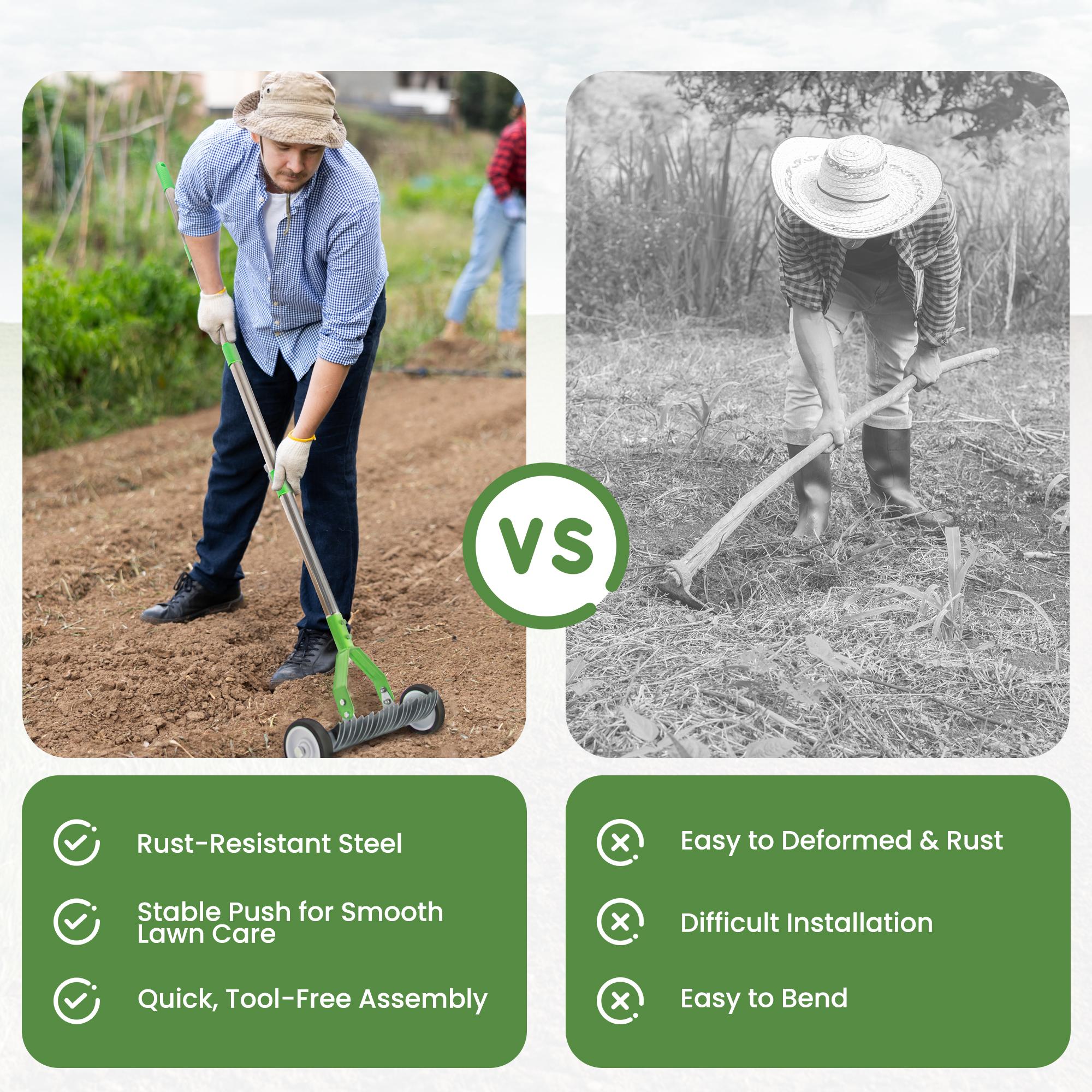 【seckill19%】Lawn rake, adjustable gardening rake head, 38inch to 65inch handle with wheels, 21 and 11 double-sided steel teeth, heavy-duty weeding rake suitable for both cold and warm season lawns, used for landscaping and lawn maintenance (green) 【seckill19%】Lawn rake, adjustable gardening rake head, 38inch to 65inch handle with wheels, 21 and 11 double-sided steel teeth, heavy-duty weeding rake suitable for both cold and warm season lawns, used for landscaping and lawn maintenance (green)