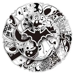 50PCS Black & White Halloween Cartoon Sticker Set Waterproof DIY Creative Decals for Skateboards & Luggage Classic Design Halloween Themed Decorations