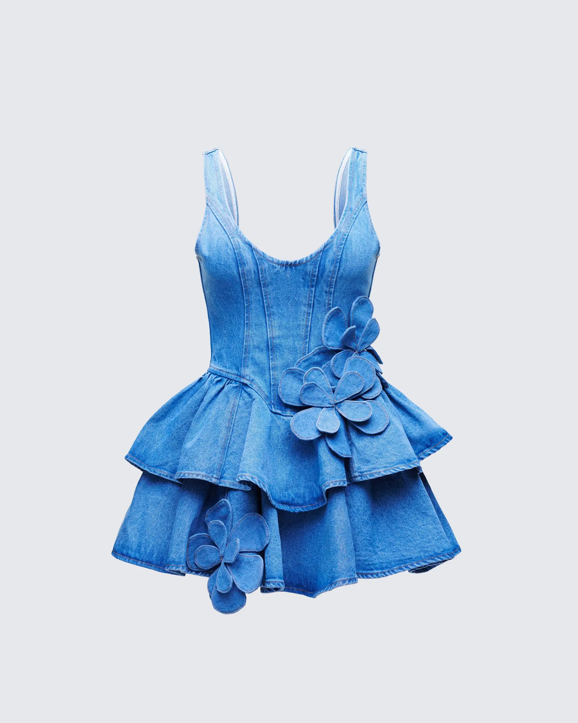 Women's 100% Cotton Fitted Princess Mini Dress - Blue Denim, Flower Frill, Straps, Corset Piece, Skirt Design
