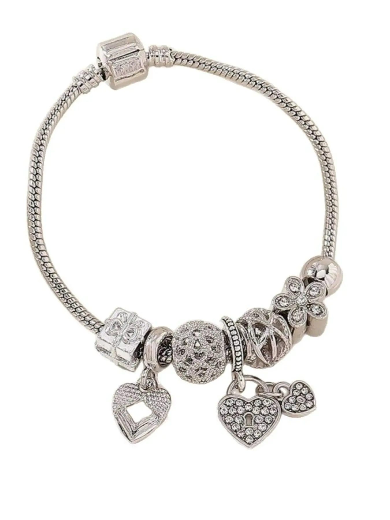 DIY Beaded Bracelet with Heart Lock, Rhinestone Flower Pendant Jewelry Gift, Customizable Charm Bracelet for Women, Heart Shaped Bracelet, Flower Design Bracelet, Exquisite Bracelet, Charms Pendant Bracelet, Floral Charm Bracelets
