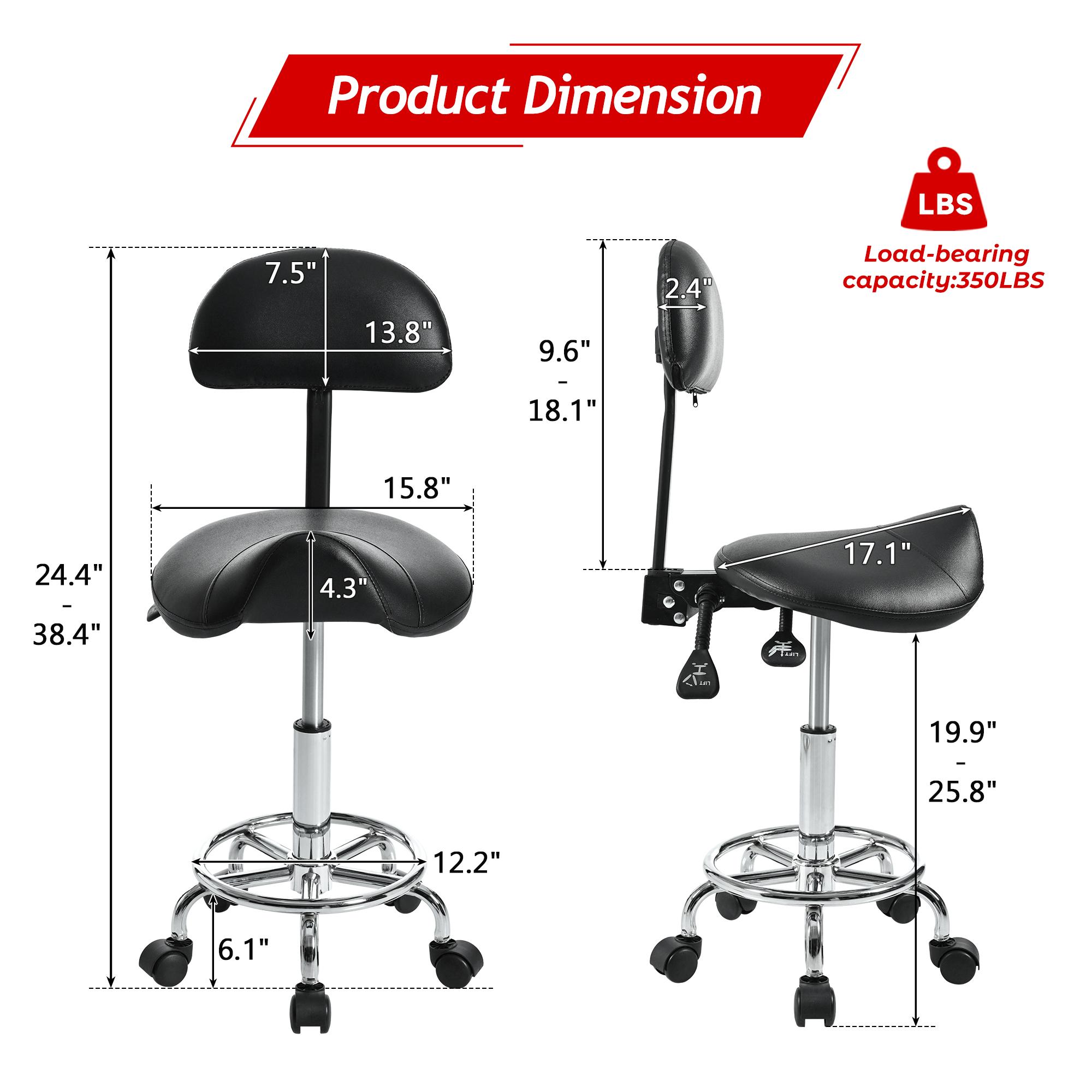 Saddle Stool with Back Support, Rolling Stools with Foot Rest, Ergonomic Adjustable Stool with Wheels, Backrest Adjustable Height & Angle for Salon Spa Tattoo Massage Swivel Stool Chair