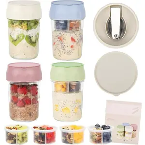 Overnight Oats Containers with Lids, Folding Spoons, and Divided Compartments for Fruit & Nuts, Small Glass 16oz Mason Jars for Oatmeal Yogurt Parfait Portable Kitchen Utensils Kitchenware Tin