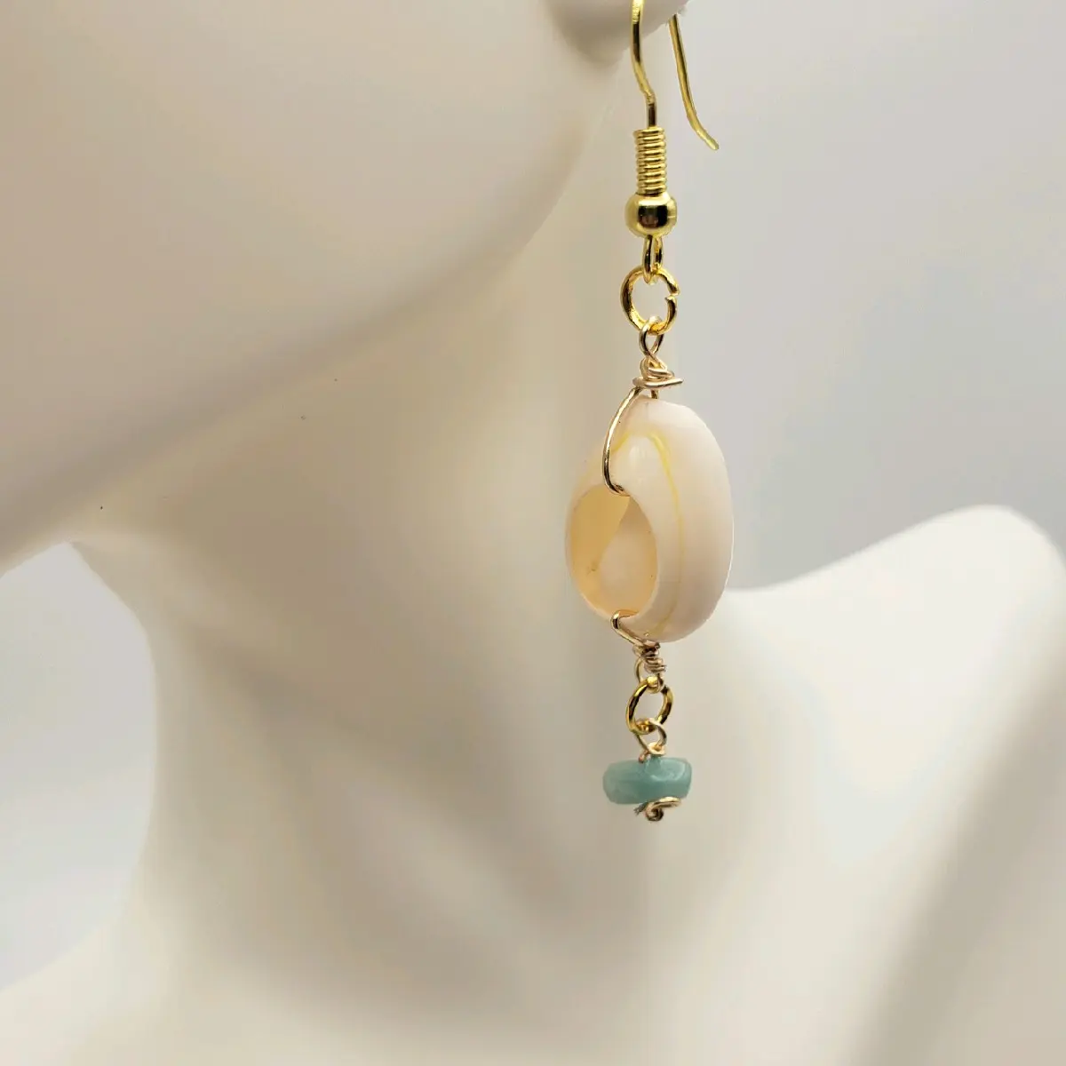 Amazonite Gemstone Earrings with Seashell, Gold Wiring
