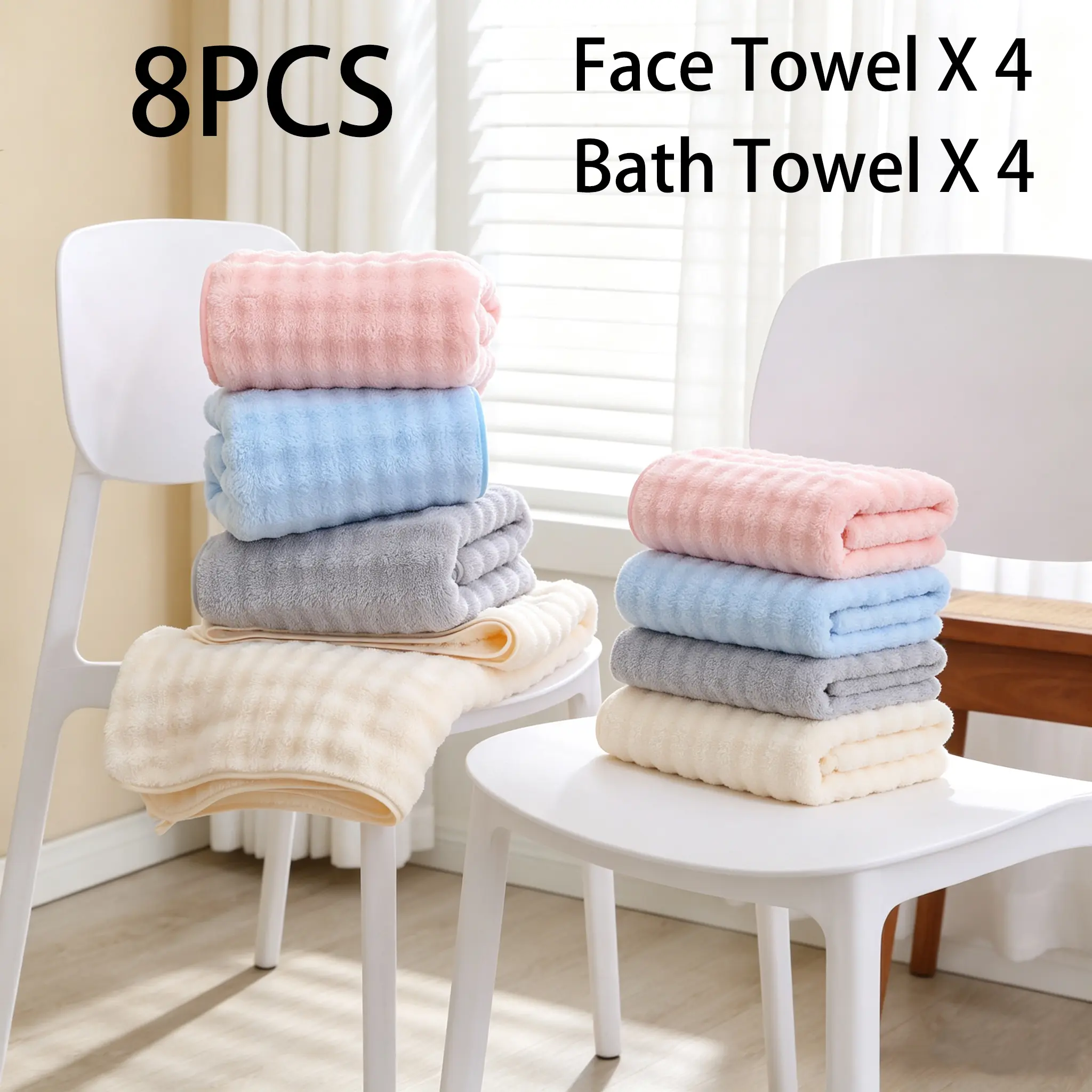 8pcs Bath Towel Set Pack - 4-Color, Ultra-Soft Absorbent Home Bathroom Towels for Daily Use & Spa Relaxation