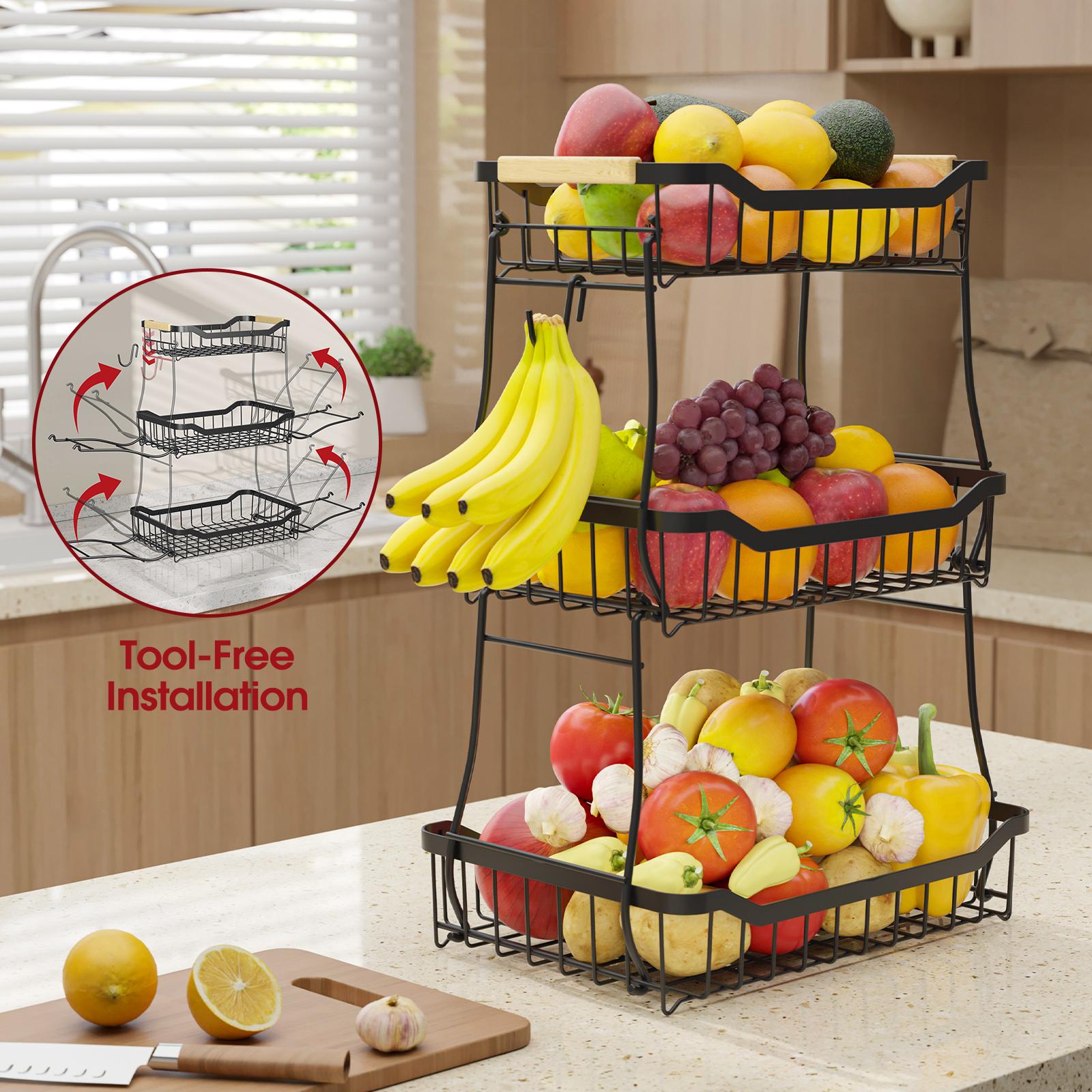 2/3 Tier Square Fruit Basket Stand, Durable Metal Countertop Fruit and Vegetable Basket Organizer with Space Saving Stackable Design, Large Capacity Storage for Fruits, Snacks, Bread and Produce, Stylish Kitchen Counter Organizer for Home