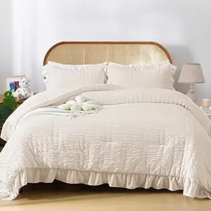 Beige  Comforter Set, 3 count Seersucker Comforters  Size, Lightweight & Fluffy Bedding Sets  for All Season with 1 Ruffle Comforter and 2 Ruffle Pillowshams