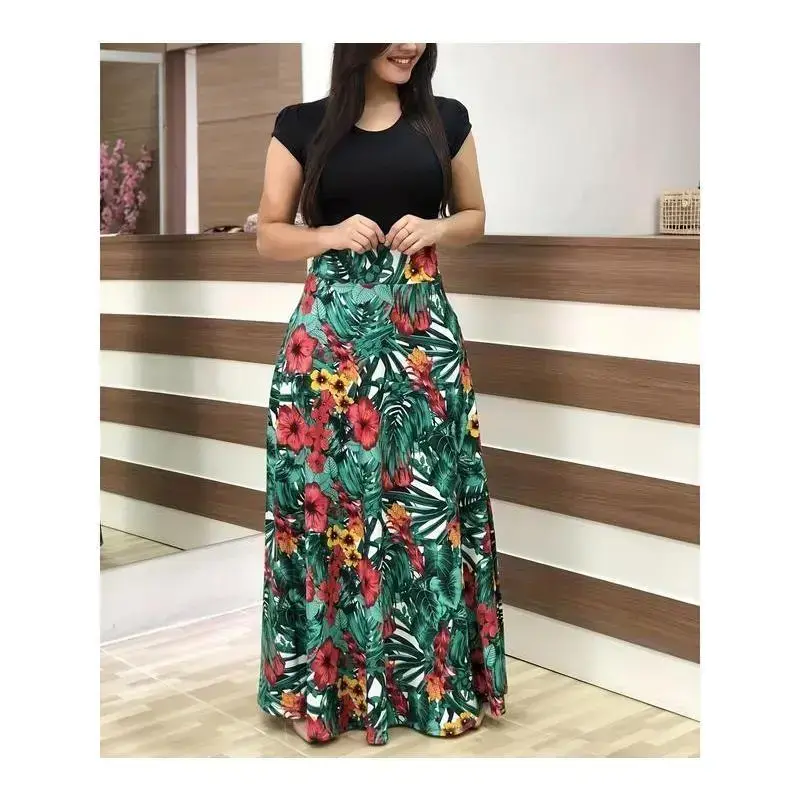 Floral Print Splicing Dress, Elegant Crew Neck Short Sleeve Pleated Maxi Dress, Women's Clothing Floral Print Splicing Dress, Elegant Crew Neck Short Sleeve Pleated Maxi Dress, Women's Clothing