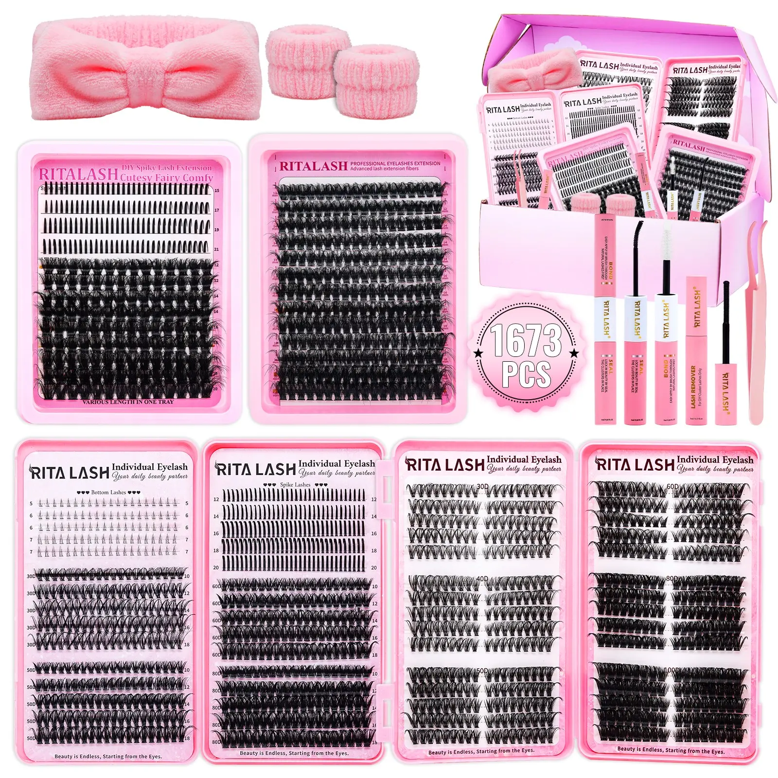 RITALASH 1673PCS Individual Eyelash Extensions Kit, DIY Eyelash Clusters, Curly Lashes, Longer Looking Eyelashes, Voluminous False Eyelashes, Mixed Length & Style Volume False Lashes with Tweezers, Glue & Remover, Eye Enhancement Set