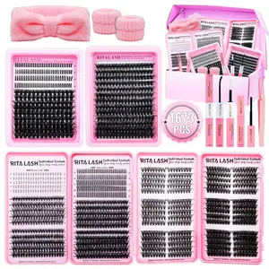 RITALASH 1673PCS Individual Eyelash Extensions Kit, DIY Eyelash Clusters, Curly Lashes, Diy False Eyelashes, Mixed Length & Style Volume False Lashes with Tweezers, Glue & Remover, Professional Eye Enhancement Set