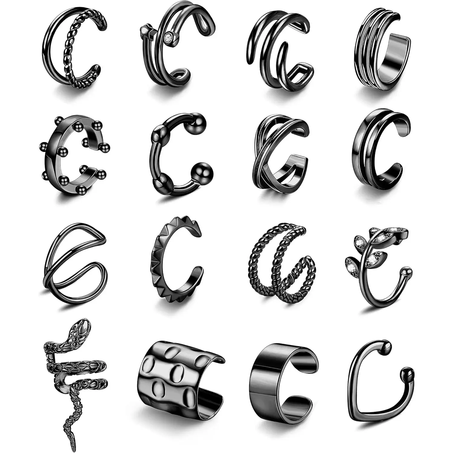 Sanfenly 16-Piece Unisex Gun Metal Coating Non-Piercing Ear Cuff Set - Adjustable Clip Earrings with Earring Design for Men, Cartilage Helix Wrap, Casual, Christmas Wear