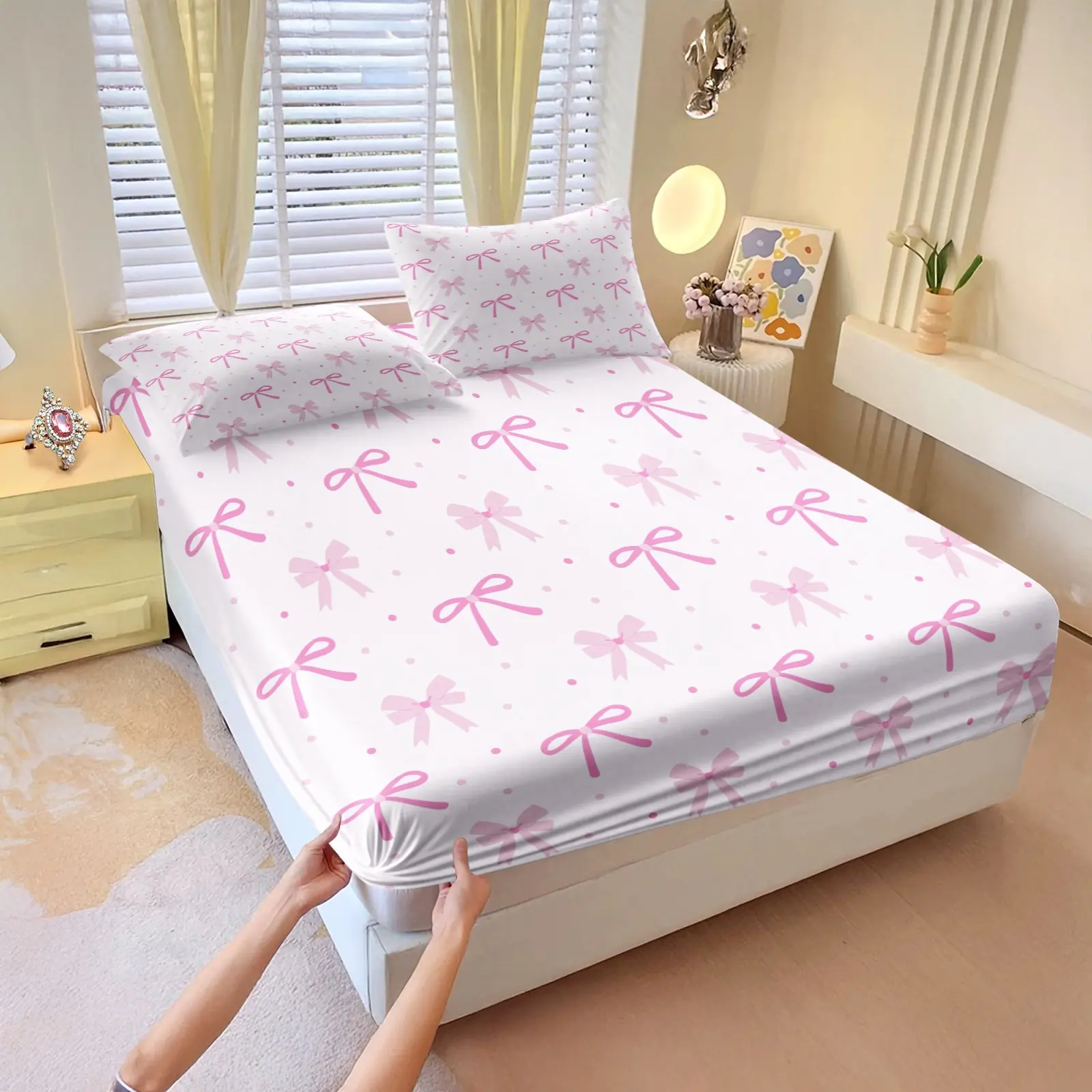 3 Pcs Pink Bow Print Fitted Sheet Set,Cute Bedding,Bedding Supplies,Soft & Breathable Microfiber Fabric,Digital Print Design,Deep Pocket for Secure Fit,Ideal for Bedroom & Dorm Decor,All-Season Use,Great Gift for Pink Aesthetic Lovers