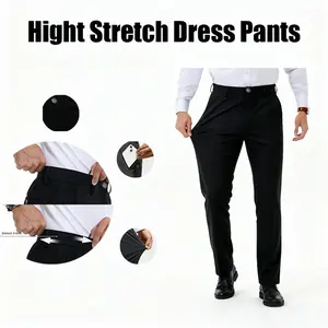 Men's Ice Silk Stretch Dress Pants, Wrinkle-Free Golf Pants, Adjustable Waist, Flat Front Panel, Business Casual Pants, Formal Black, Multiple Colors Available