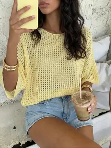 Elegant Women's Spring Summer Womenswear Fashion Casual Home Leisure Weekend Holiday Travel Beach Vacation Solid Color Hollow Out Semi-Transparent Knit Knitting Knitwear Sweater Top