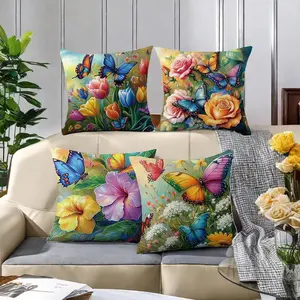 Butterfly & Flower Pattern Cushion Cover, 4 Counts Square Throw Pillow Cover, Household Decoration Supplies for Home Living Room Bedroom