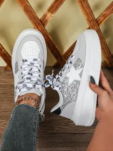 Women's Fashion Star Pattern Glitter Skate Shoes, Casual Low Top Lace-Up Sneakers, Sports Shoes, Trainer, Comfortable Soft Sole, Perfect for Gifts & Daily Wear