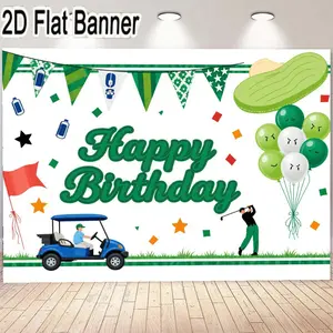 2D flat banner, 1pcHappy Birthday Golf Banner - Festive Decorations for Golf Lovers Birthday Parties with Green and Blue Accents, Perfect for Indoor Outdoor Celebrations, Includes Golf Cart and Balloons, Unique Golf Theme Party Backdrop