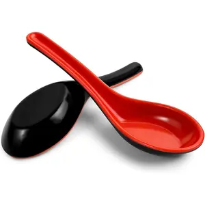 2PCS Red and Black Melamine Spoons，Wonton Soup Spoons, Chinese Japanese Miso Ramen Dumpling Pho Rice Noodle Soba Soup Spoons