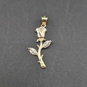Gold 10k Pendant Flower Design for Everyday Wear - Elegant Rose Motif with Detailed Leaves and Stem