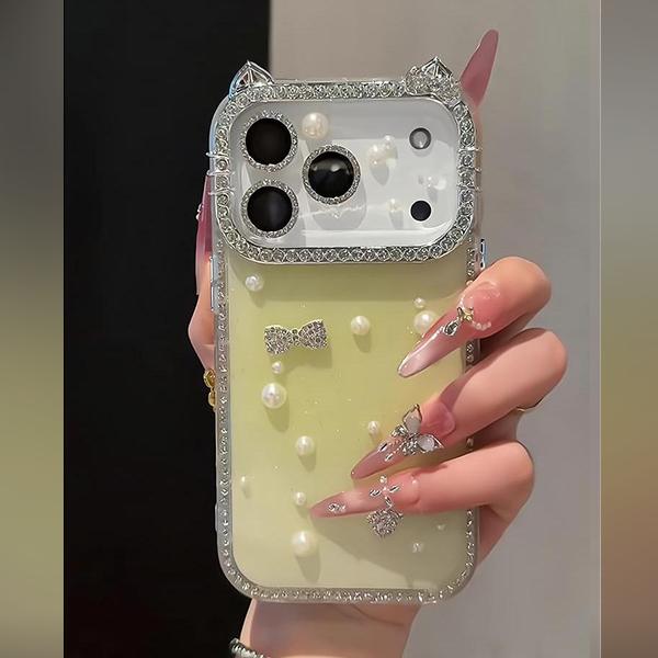 DIY Glitter Clear Phone Case with Pearl & Rhinestone Bow Charms, Bling Cat Ear Diamond Frame Customizable Protective Cover for IP 17 Pro max, 16plus, 15, 14, 13 junk