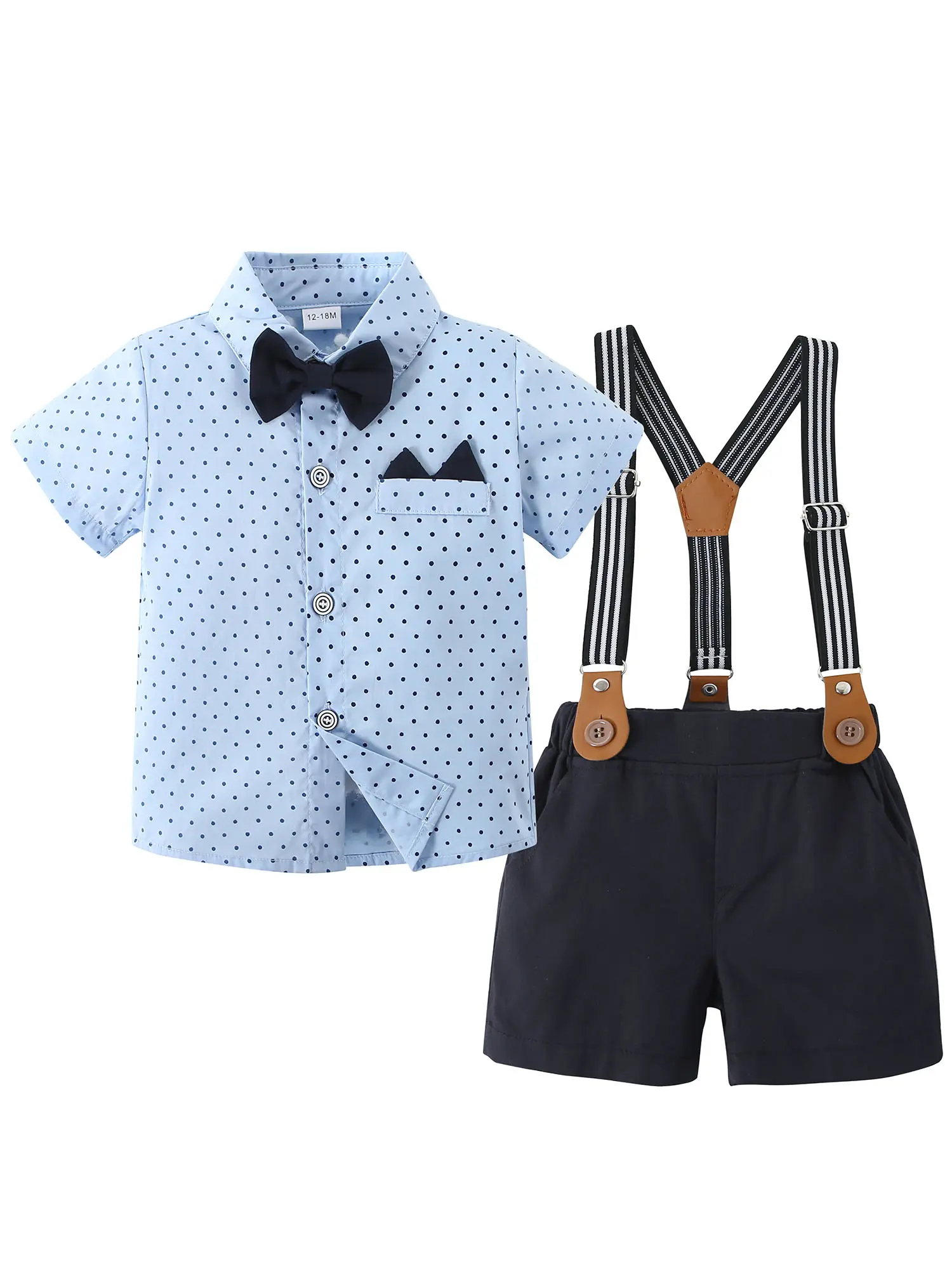 Boys Formal Suit - Toddler Boy 2-Piece Fitted Gentleman Set, 4-5 Years Cotton Blend Short Sleeve Shirt, Bowtie, 1x Polka Dot Suspender Shorts for Weddings, Baptism, Birthday, Bottoms Set, Elastane