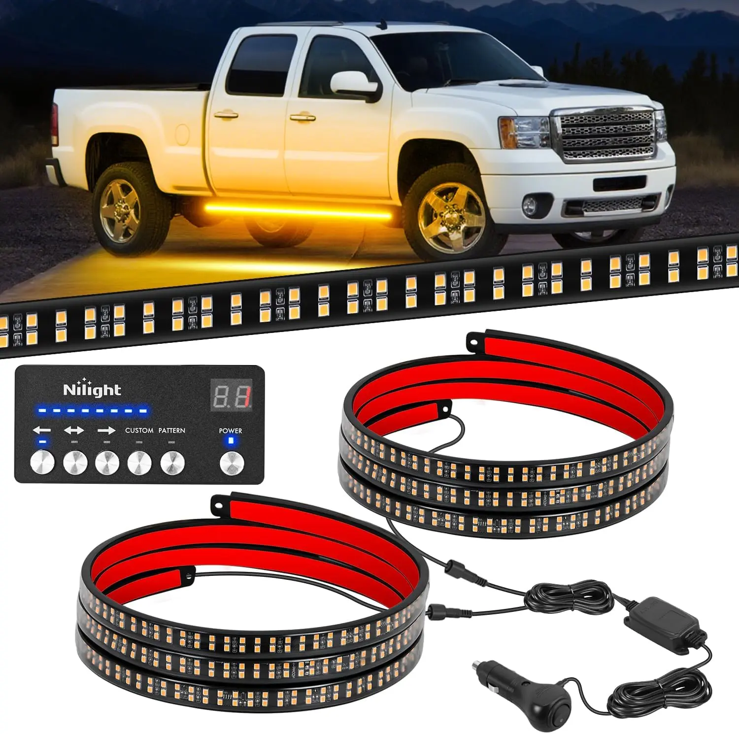 Nilight 2PCS 70-Inch Amber Strobe LED Strip Lights, IP67 Waterproof Flexible PVC Hose with 864 Lights, Controller, Adhesive Mount, 38 Strobe Patterns, LED Display, Long Lifespan for Trucks