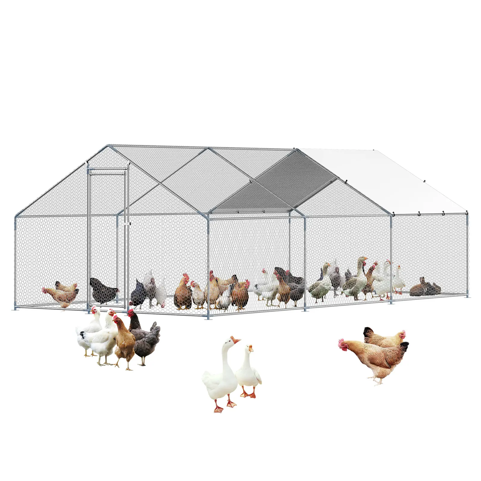 【Father's Day Gift】VEVOR Metal Chicken Coop, 9.8x19.6x6.5 ft Large Walk-in Enclosure with Cover Spire Roof, Chicken Wire Fence, Security Lock, Outdoor Backyard Pen for Ducks, Rabbits