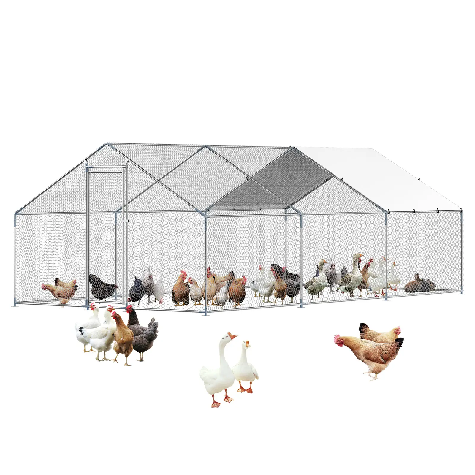 VEVOR Metal Chicken Coop, 9.8x19.6x6.5 ft Large Walk-in Chicken Runs with Cover, Spire Roof Hen House Enclosure with Security Lock, Outdoor Duck Rabbi