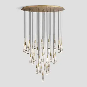 34-light Long Gold Chandeliers For High Ceilings, Large Raindrop Chandelier