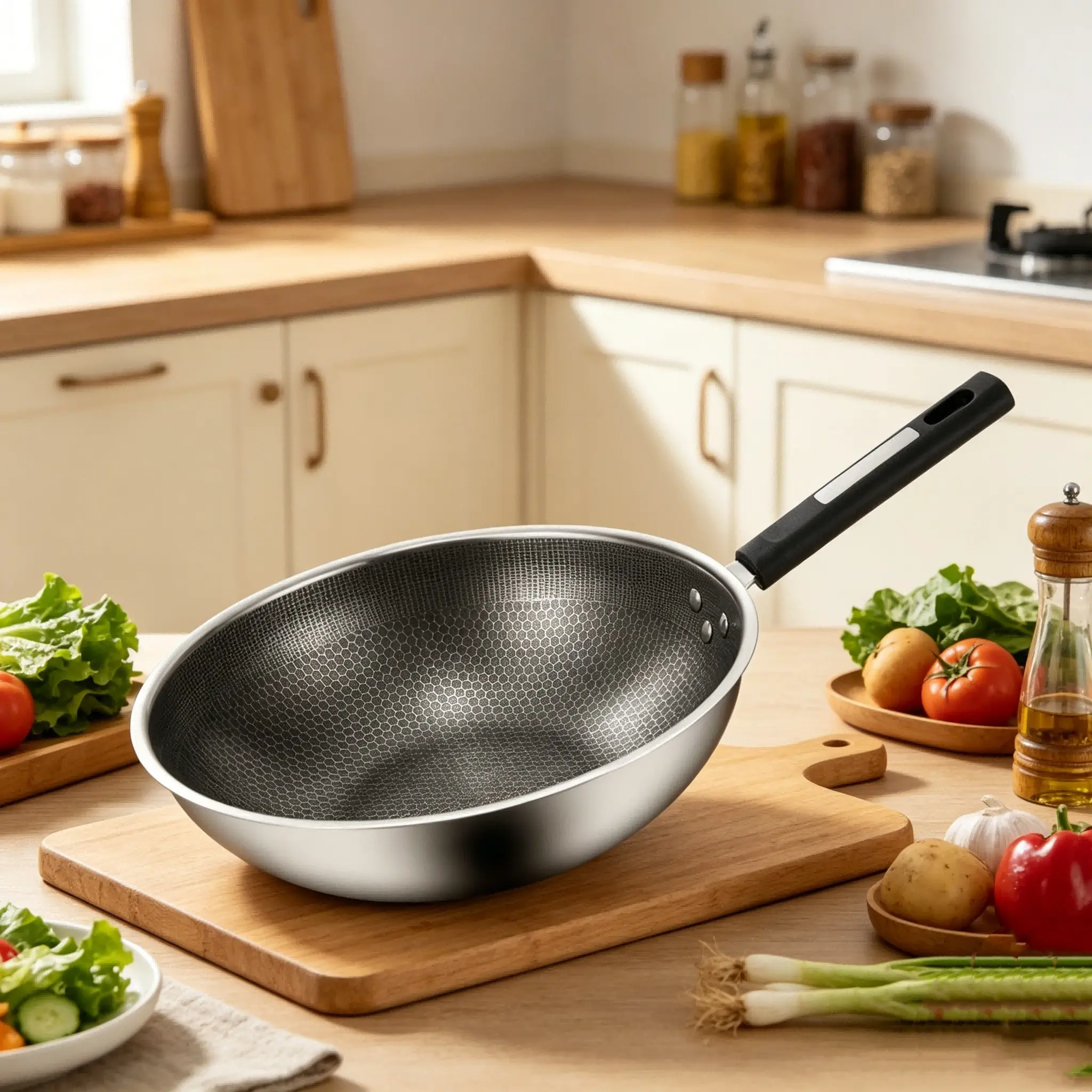 Thickened Full Honeycomb Stainless Steel Wok, Coating-Free Non-Stick Flat Bottom Pan, Nonstick Kitchenware, Compatible with All Stoves, Home Kitchen & Gift Use