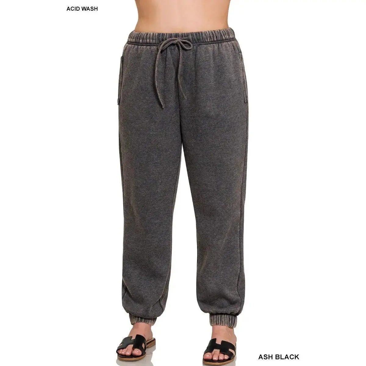 Zenana Plus Acid Wash Fleece Sweatpants with Pockets