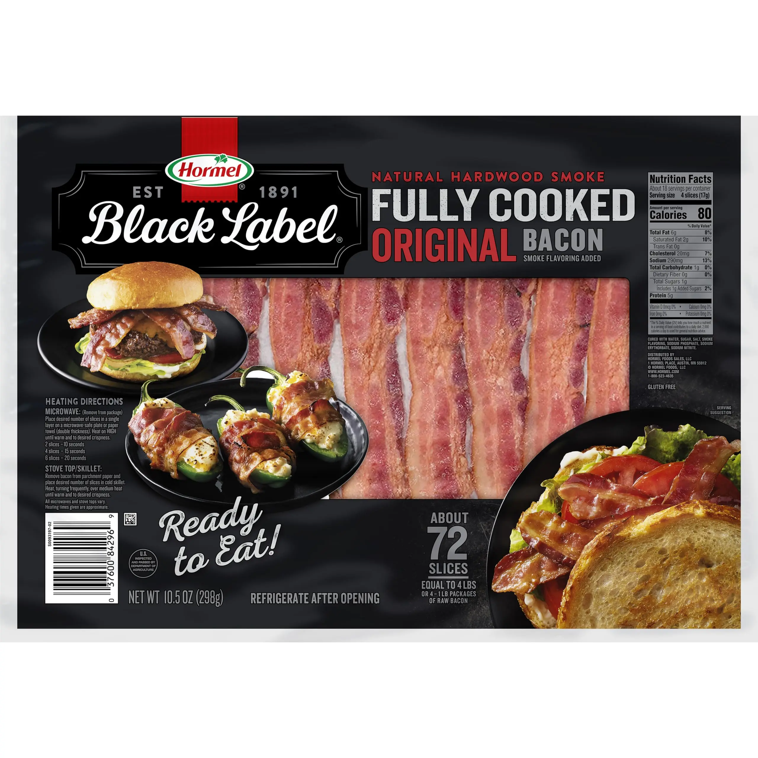 Hormel Black Label Fully Cooked Thick Cut Bacon – Ready-to-Eat Breakfast Bacon, 10.5 oz