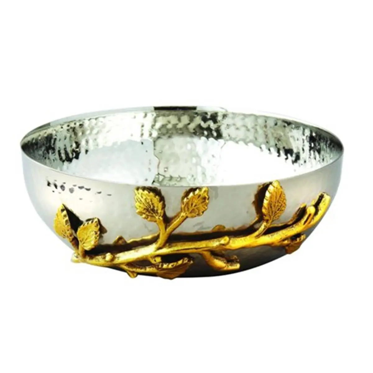 Elegance Gilt Leaf Hammered Stainless Steel Salad Bowl - Silver & Gold Kitchen Tableware