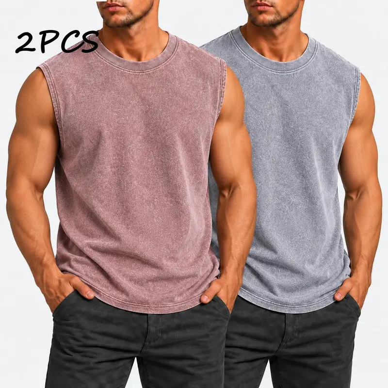 solid color 2-Pack all genders new sports retro washed vest T-shirt gym fitness sleeveless T-shirt basketball training washed vest Workout Clothing Sleeveless Sports Wear