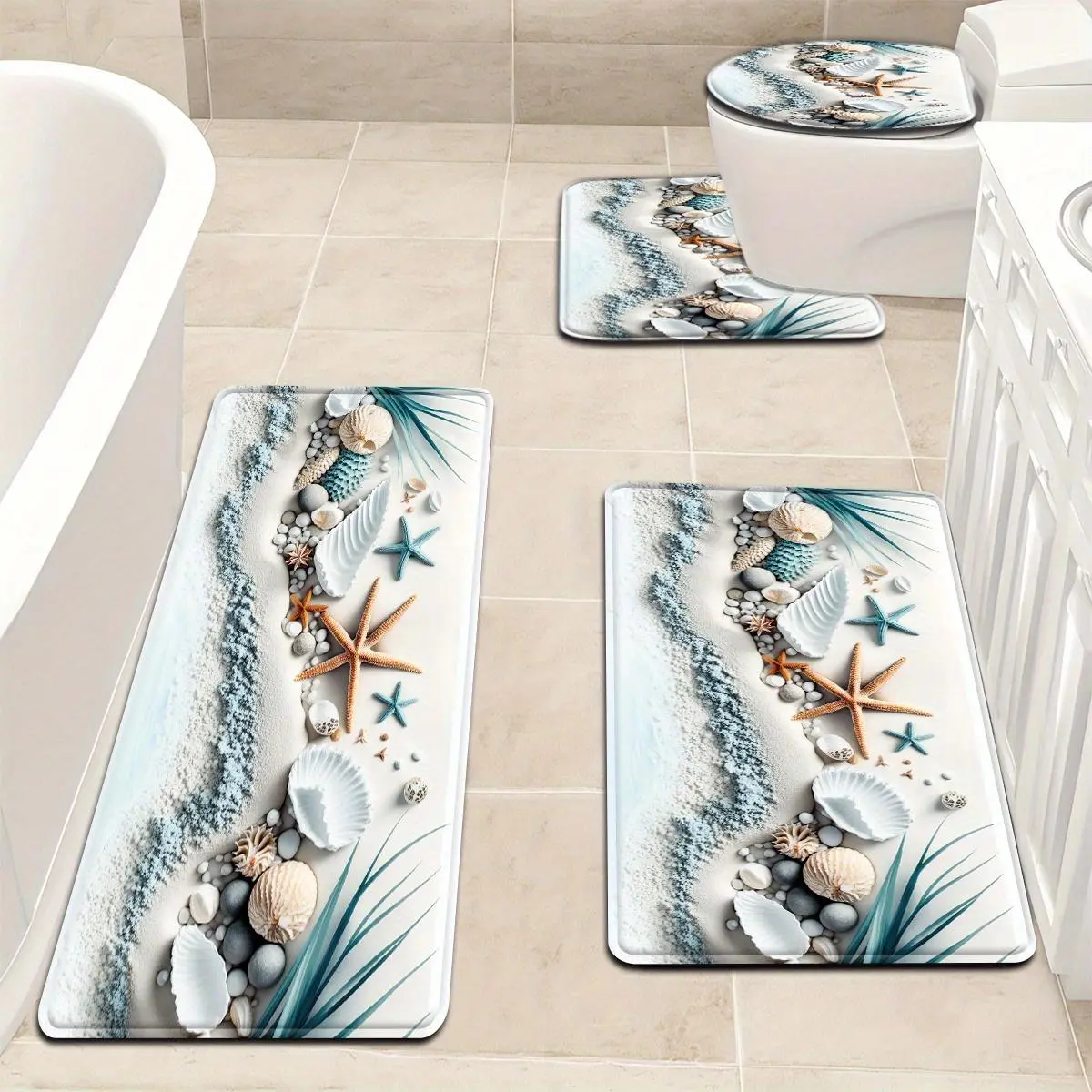 3-Piece/4-Piece Starfish Beach Series Blue Seashell Pattern Flannel Bathroom Mat Set, Including Toilet Lid Cover and U-Shaped Footrest Mat