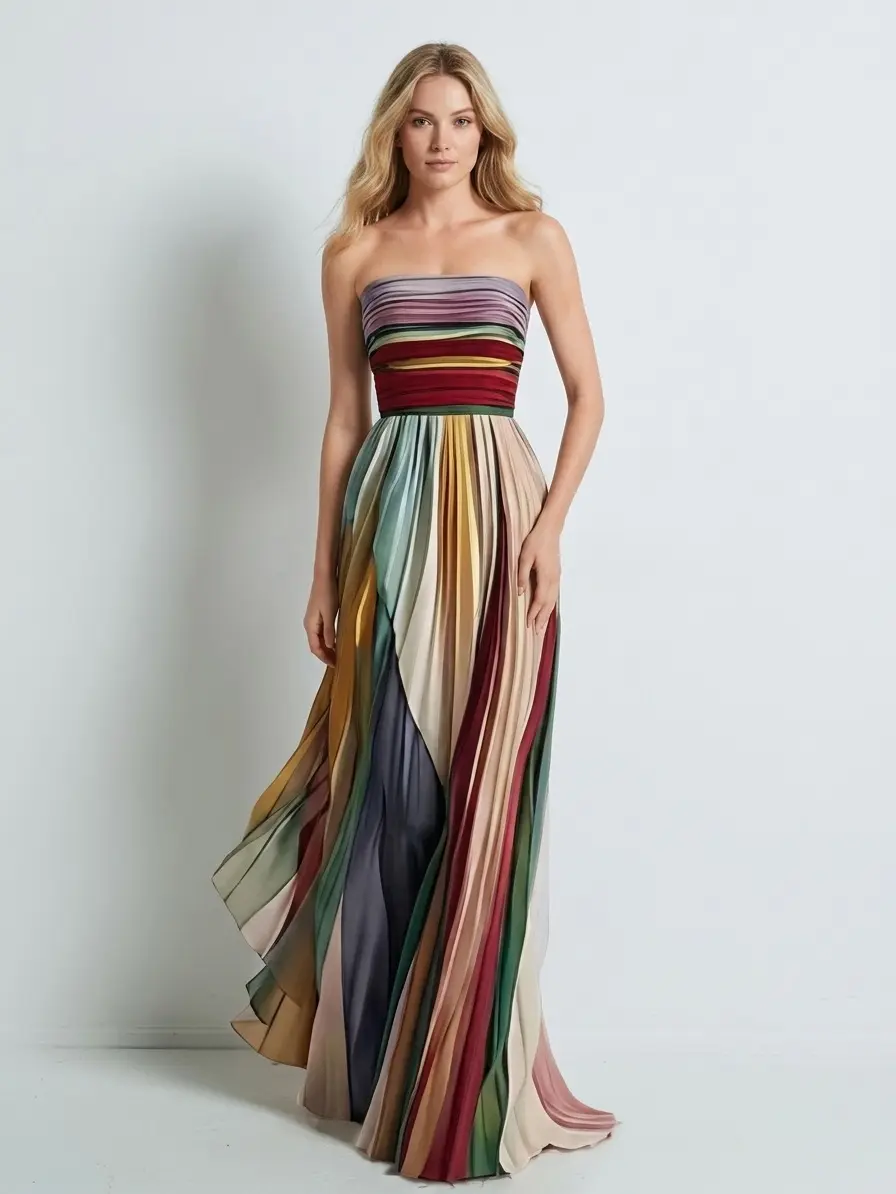 Women's Maxi Dress in an Elegant Striped Style, Multi Color Strapless 1-Piece Polyester Clothes for Wedding Guests, Fabric