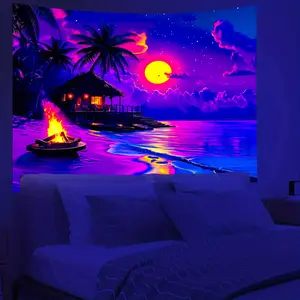 [Tropical Beach Tapestry] 1pc Tropical Beach Glow Tapestry - 78.74x59.06 Inches - UV Blacklight Reactive Polyester Wall Hanging - Vibrant Nighttime Scene with Palm Trees & Ocean View - Perfect for Fluorescent Parties, Living Room, Bedroom,