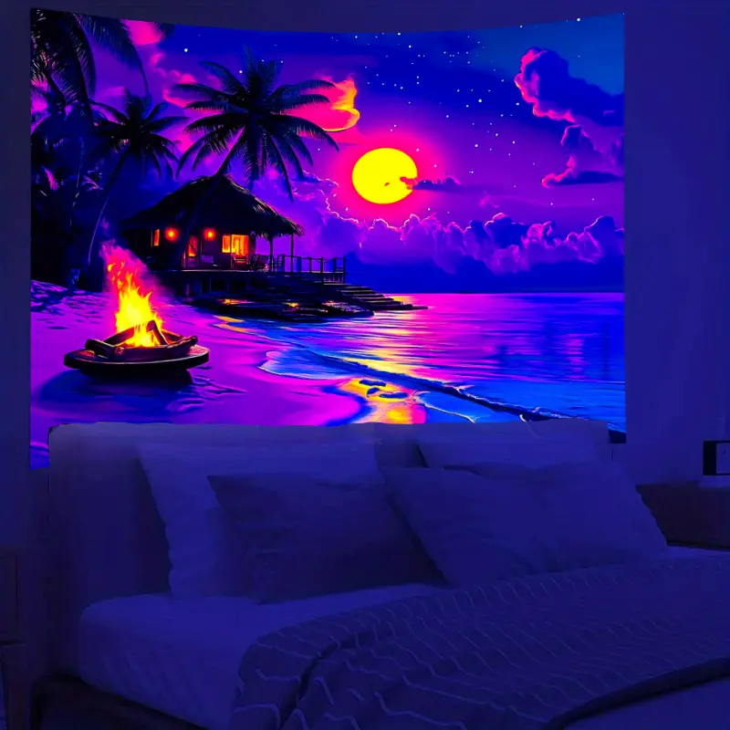 [Tropical Beach Tapestry] 1pc UV Blacklight Reactive Polyester Wall Hanging - 78.74x59.06 Inches - Vibrant Nighttime Palm Tree & Ocean Scene - Home Decor, Bedroom Decor, Room Art for Fluorescent Parties, Indoors