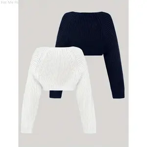 Store Solid Color Knit Crop Cardigan 2 Packs, Elegant Long Sleeve Shrug For Spring & Fall, Women's Clothing