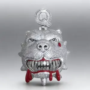 2017 Fully Bling Savage Dog Head Pendant - Urban Streetwear Rapper Style Jewelry with Red Accents tiktokshopspringglowup Trendy Fashionable Accessories outdoorfun