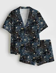 Midnight Celestial Dragon Satin Pajama Set, Gold Moon & Star Short Sleeve Sleepwear, Fantasy Dragon PJs, Celestial Lounge Set, Witchy Gift