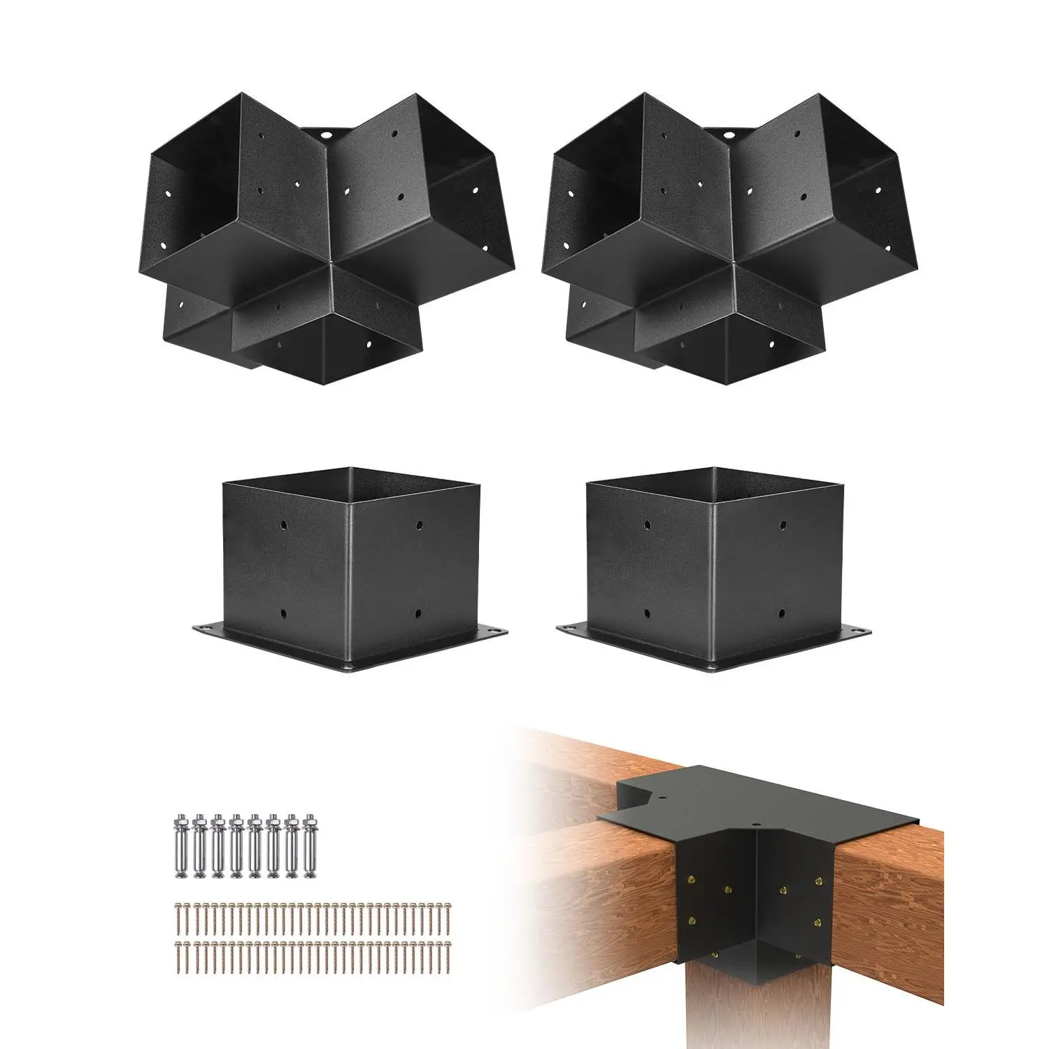 VEVOR 2 x 4-Way Heavy Duty Corner Bracket Kit, 6x6 Inch (Inner Size 5.5x5.5 Inch) Carbon Steel Woodworks DIY Post Base, Anti-Corrosion Powder Coating, Easy Installation for Gazebos, Expansion Screws, ssb2f2